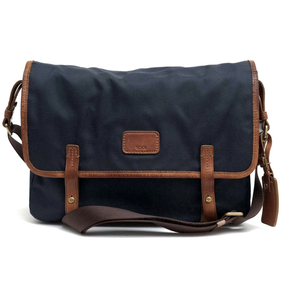 Tumi Sundance navy canvas/brown leather messenger bag